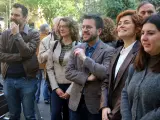 El presidente de la Generalitat y candidato de ERC, Pere Aragonès, junto a otros miembros del partido este 1 de mayo.