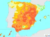 Mapa que representa, por colores, el porcentaje de precipitación acumulada en el mes de abril en España.