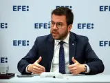El candidato de ERC y presidente de la Generalitat en la rueda de prensa de EFE.
