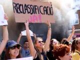 Una mujer con una pancarta que pide la reclasificación profesional.