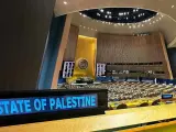 Rótulo de Estado de Palestina, en la asamblea General de la ONU.