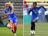 (COMBO/FILES) This combination of file photographs created on November 10, 2021, shows (L) France's midfielder Kheira Hamraoui as she kicks the ball during the women's Euro 2017 qualifying football match between France and Albania at The Charlety Stadium in Paris on September 20, 2016 and (R) France's midfielder Aminata Diallo as she runs with the ball during a 'SheBelieves Cup' football match between France and England at The Mapfre Stadium in Columbus, Ohio on March 1, 2018. - Paris Saint-Germain women's footballer Aminata Diallo was detained by police on November 10, 2021, in connection with a vicious street assault on a teammate and fellow French national player last week, her club said. (Photo by Franck FIFE and Paul VERNON / AFP) (Photo by FRANCK FIFE,PAUL VERNON/AFP via Getty Images)