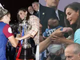 La reina Letizia entregándole el trofeo de Copa de la Reina a Alexia Putellas; y la reina Letizia cogiendo a un bebé en brazos.