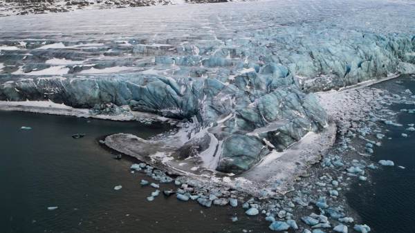 General view of a glacier from the helicopter in which European Union Foreign Policy Chief Catherine Ashton and Norwegian Foreign Minister Jonas Gahr Stoere were traveling to carry out a climatological study in Ny Aalesund, Svalbard, Norway.