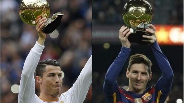 Cristiano Ronaldo and Messi lift their respective Ballon d'Or.
