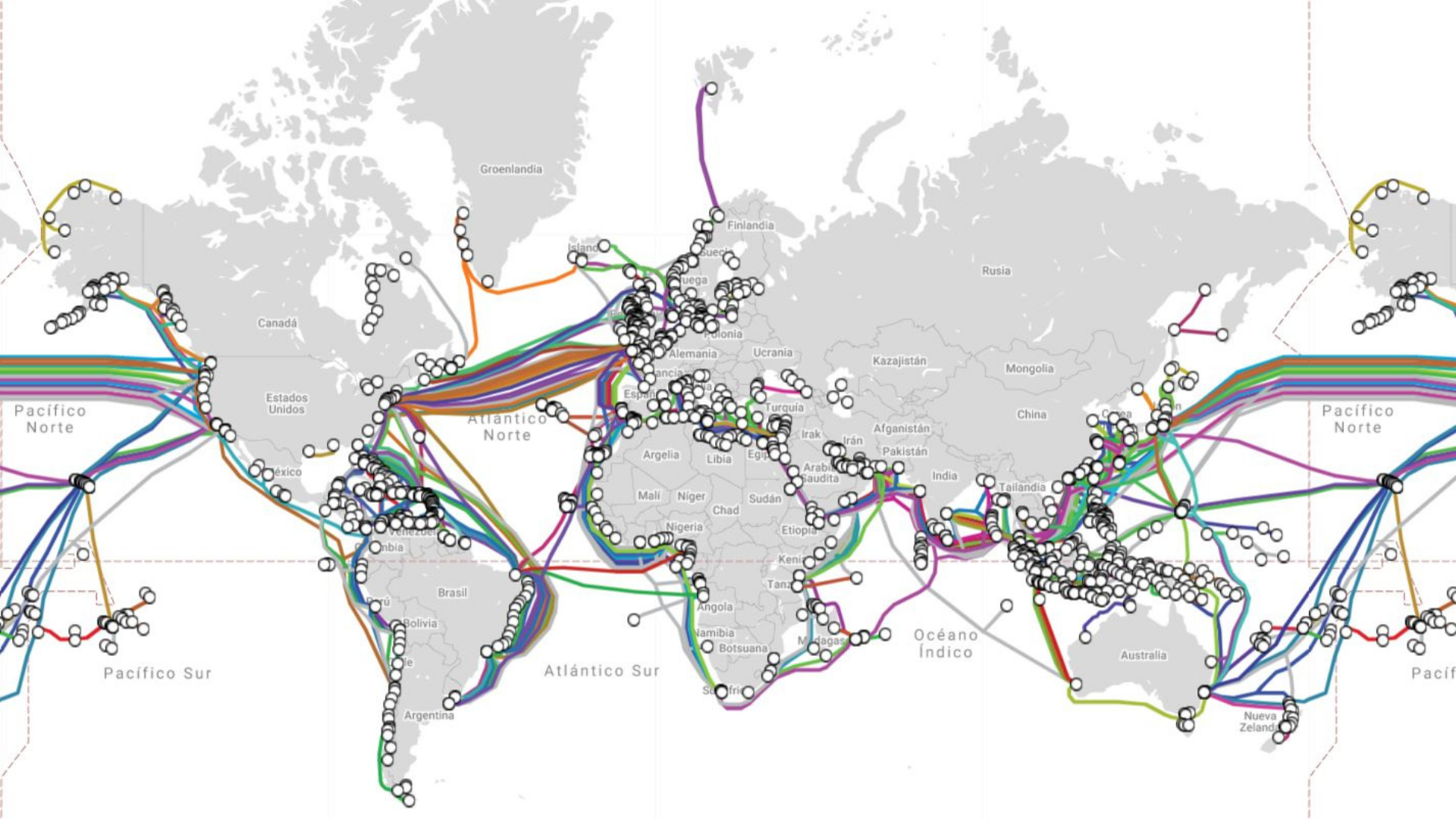 Current map of submarine cables in the world, about 430 in total.
