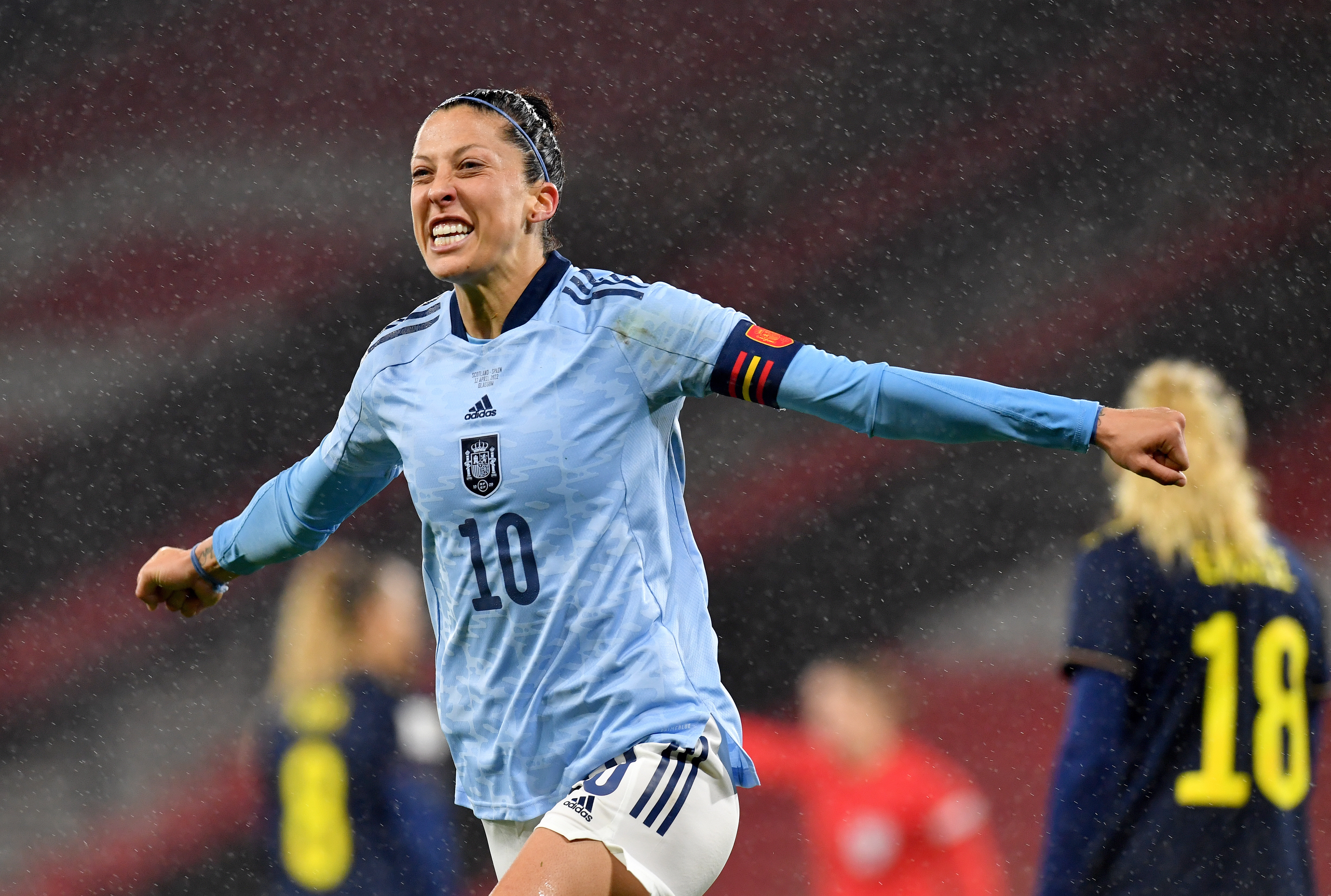 Jenni Hermoso celebrates one of her goals against Scotland
