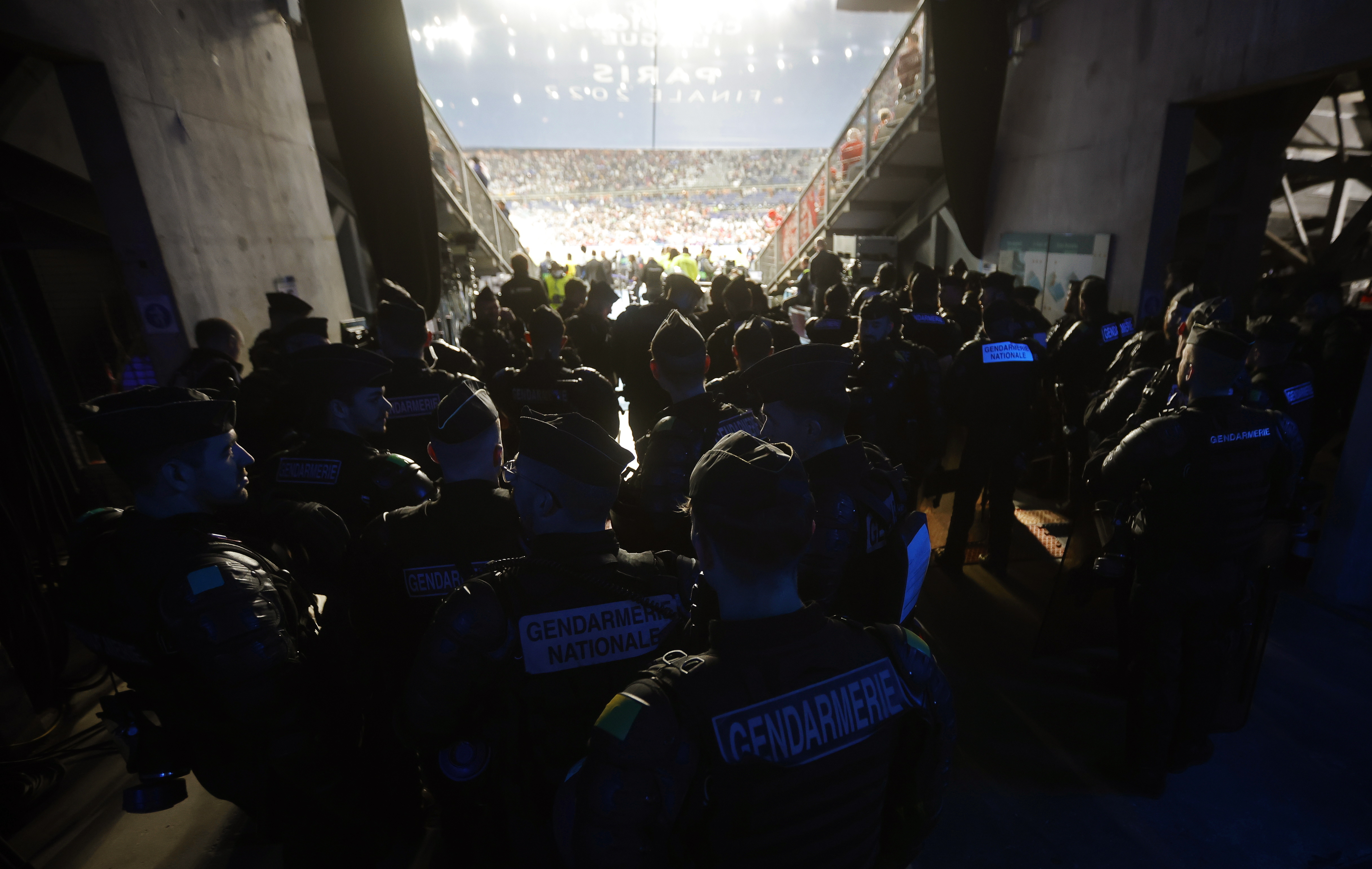 A group of policemen in one of the access tunnels to the Stade de France in Saint-Denis