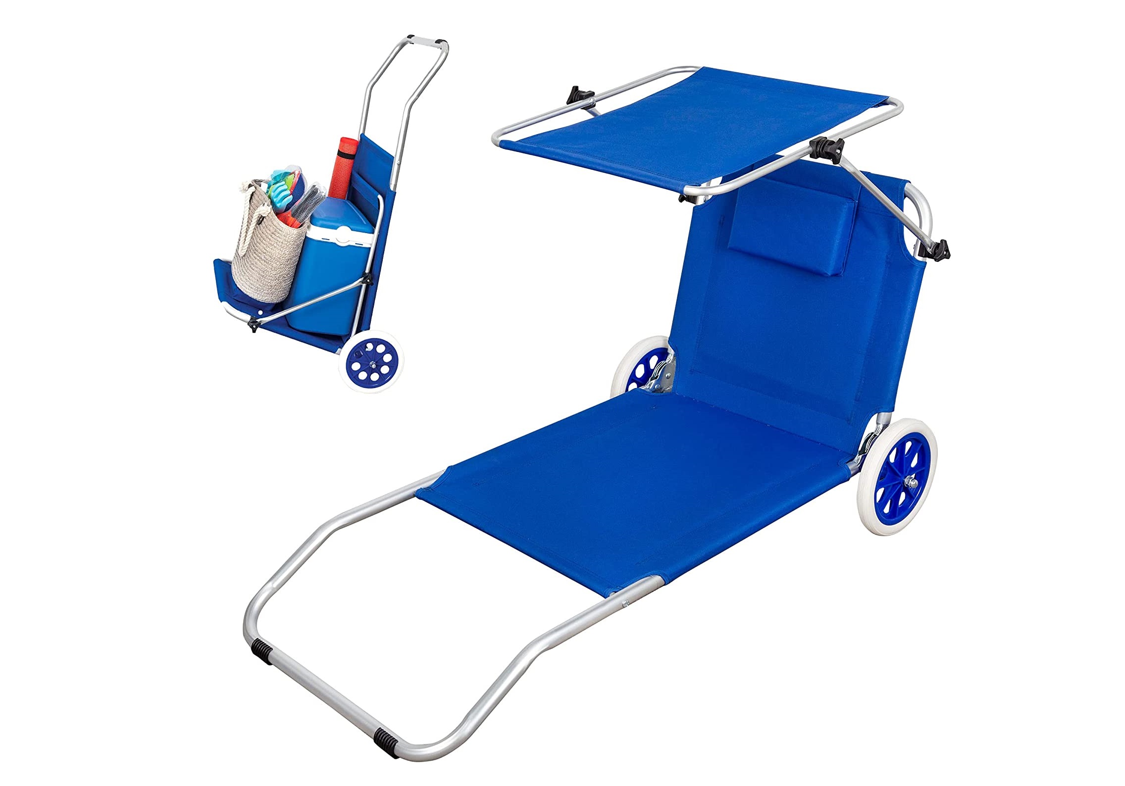 Silla de playa 2 en 1 convertible en tumbona c/cojín y bolsillo lateral  azul Aktive