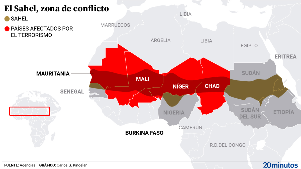 Mapa del Sahel y los países de la región afectados por el terrorismo.