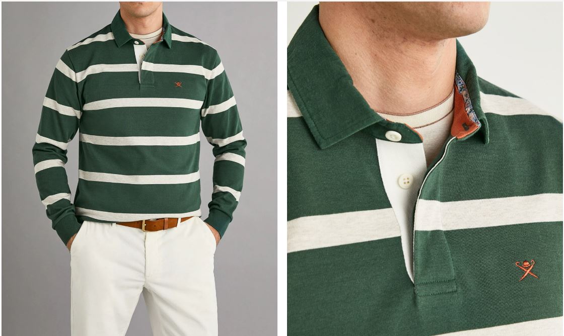 Men's long-sleeved green striped polo shirt.