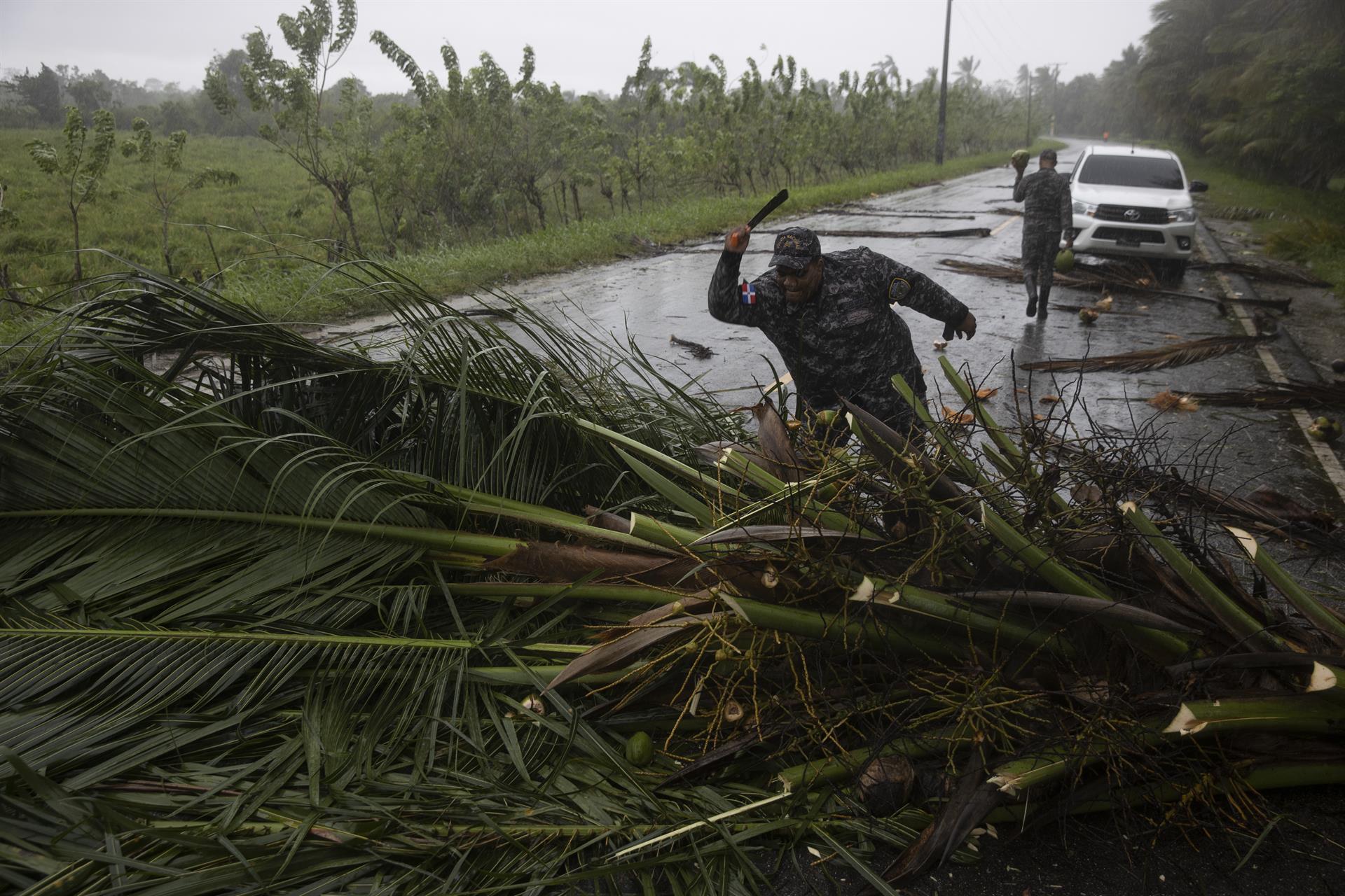 La policía cortan una palmera caída por el huracán Fiona, que bloqueó la carretera de acceso a Samaná (República Dominicana).