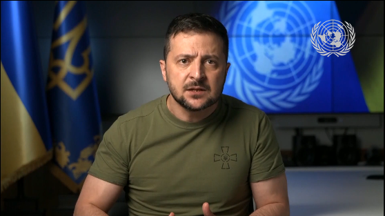 Ukraine's President Volodymyr Zelensky during his video message to the United Nations General Assembly.