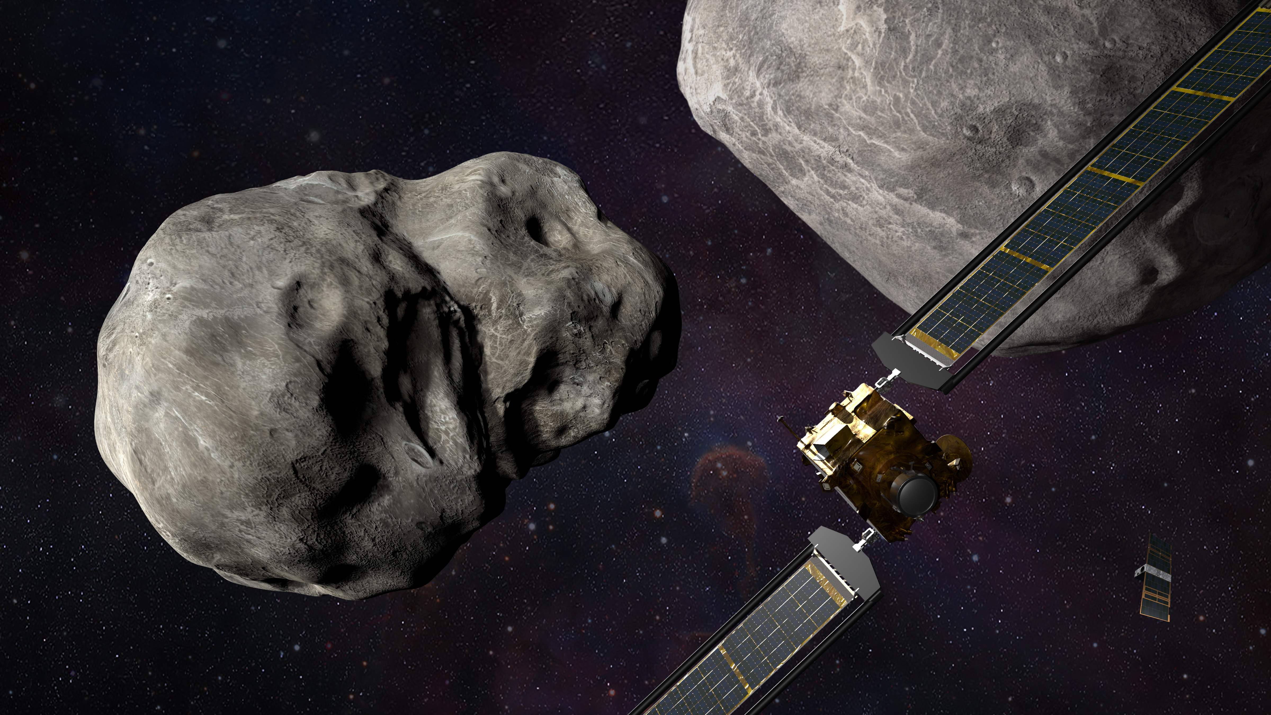 An undated image provided by NASA shows an image of the Double Asteroid Redirect Test (DART) spacecraft prior to impact on the binary Didymos asteroid system.