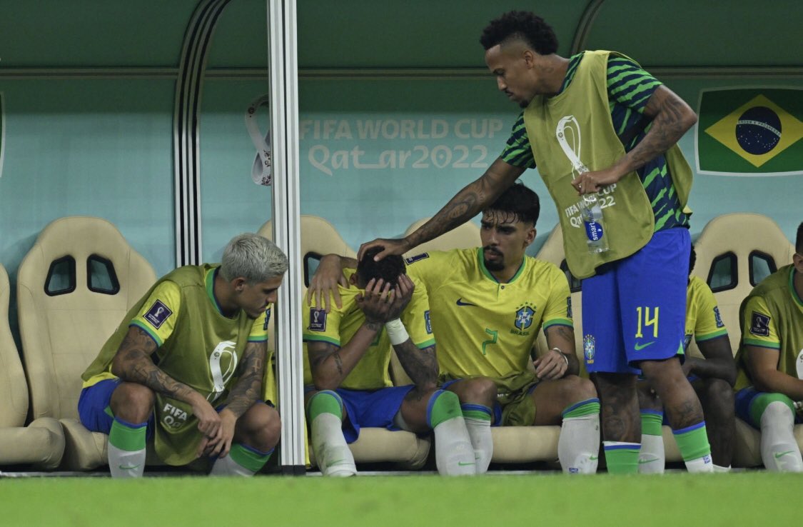 Neymar cries on the bench after being substituted against Serbia.