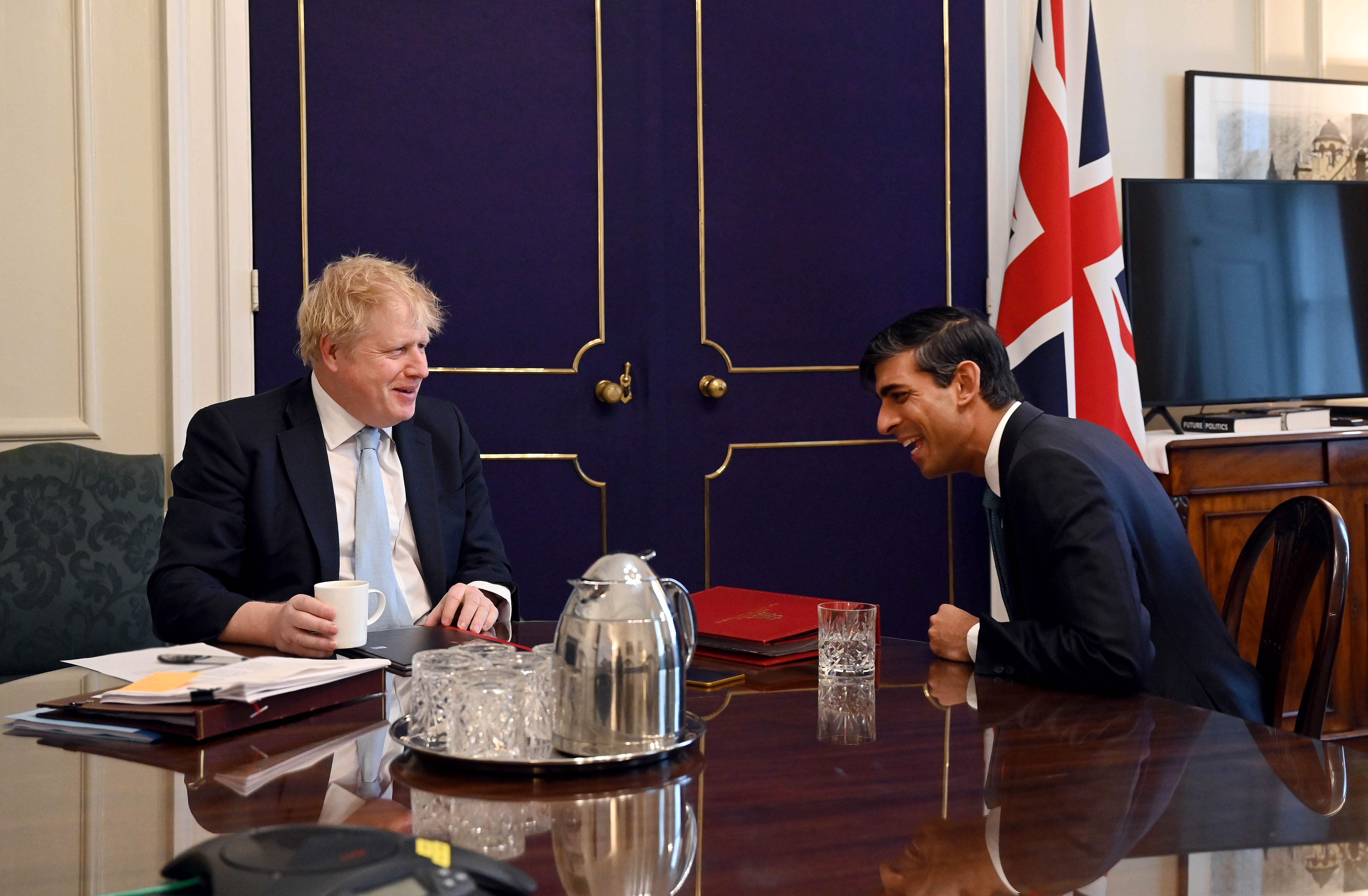 Then-Prime Minister Boris Johnson in a February 2020 photo with his, at the time, Chancellor of the Exchequer, Rishi Sunak.
