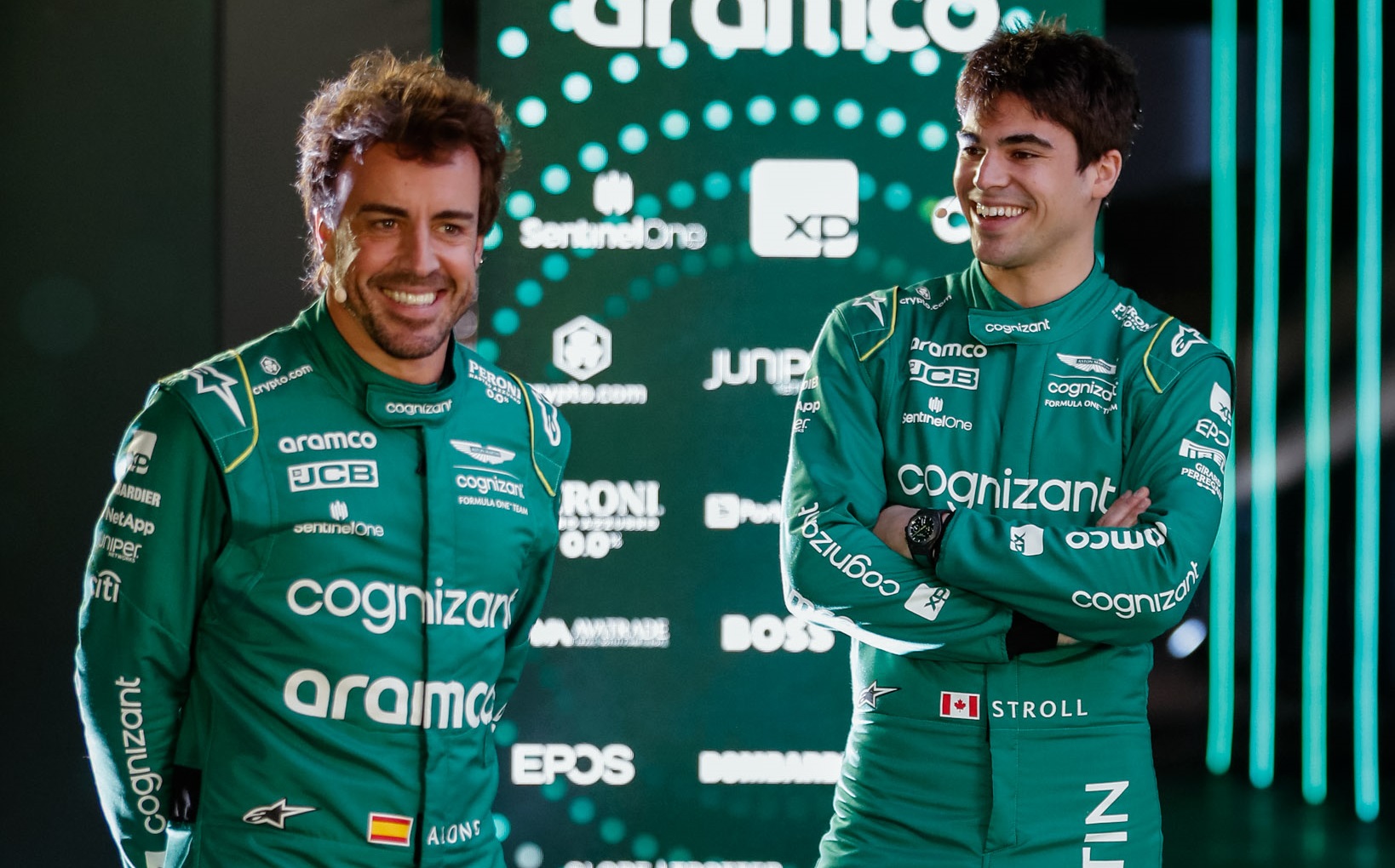 Fernando Alonso and Lance Stroll during the AMR23 presentation