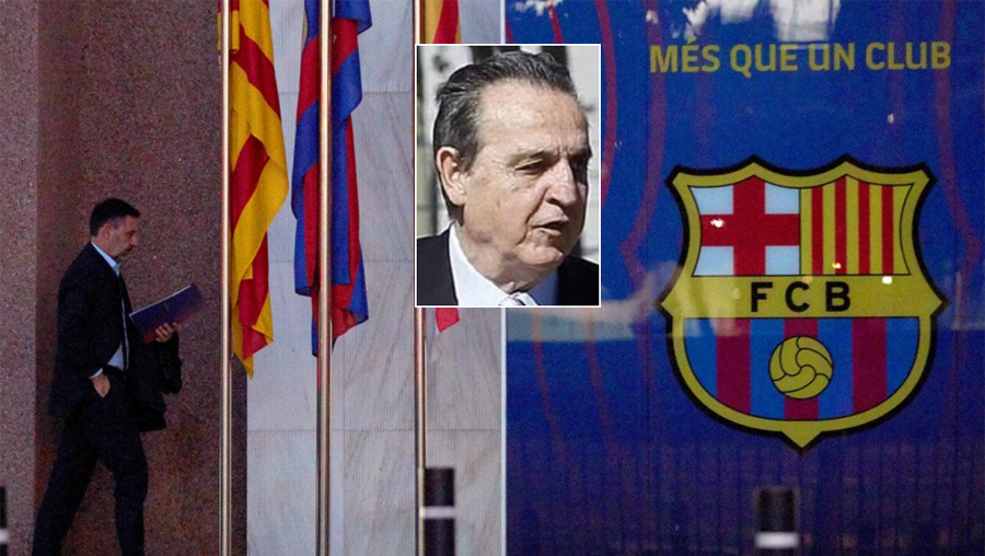 Josep María Bartomeu in the Camp Nou offices, and an image of Enríquez Negreira.