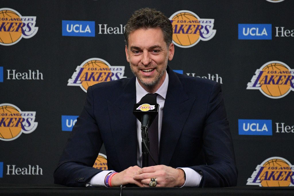 LOS ANGELES, CALIFORNIA - MARCH 07: Pau Gasol speaks to the media prior to a basketball game between the Los Angeles Lakers and the Memphis Grizzlies at Crypto.com Arena on March 07, 2023 in Los Angeles, California. (Photo by Allen Berezovsky/Getty Images)