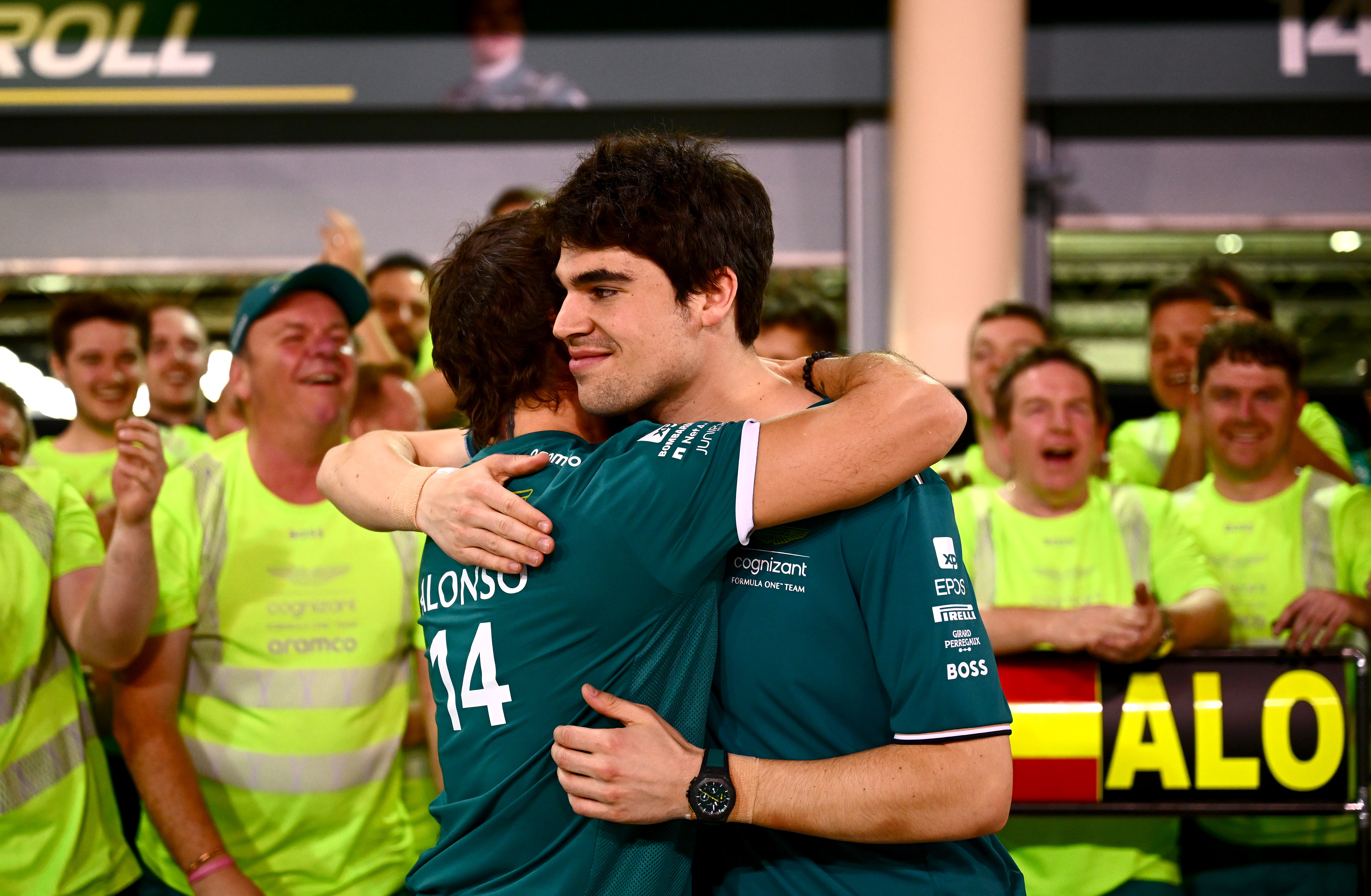 Stroll and Alonso embrace at the end of the Bahrain Grand Prix.