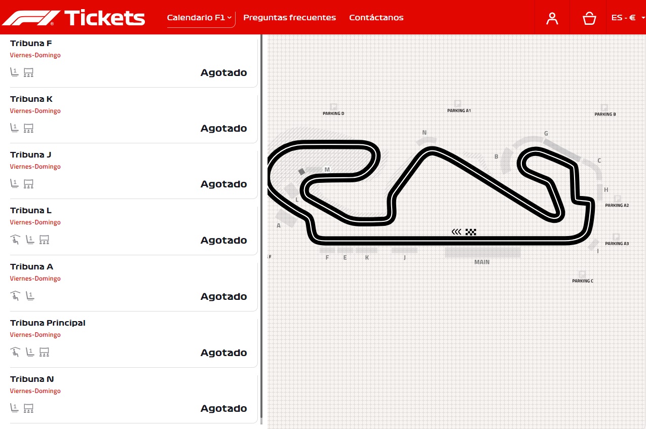 Ticket sales website for the Spanish GP with all seats sold out for the entire weekend.