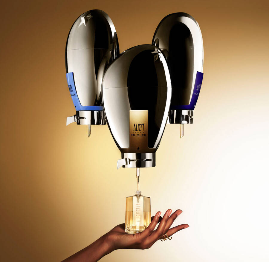 Mugler has more than 10,000 dispensers available in perfume shops around the world.