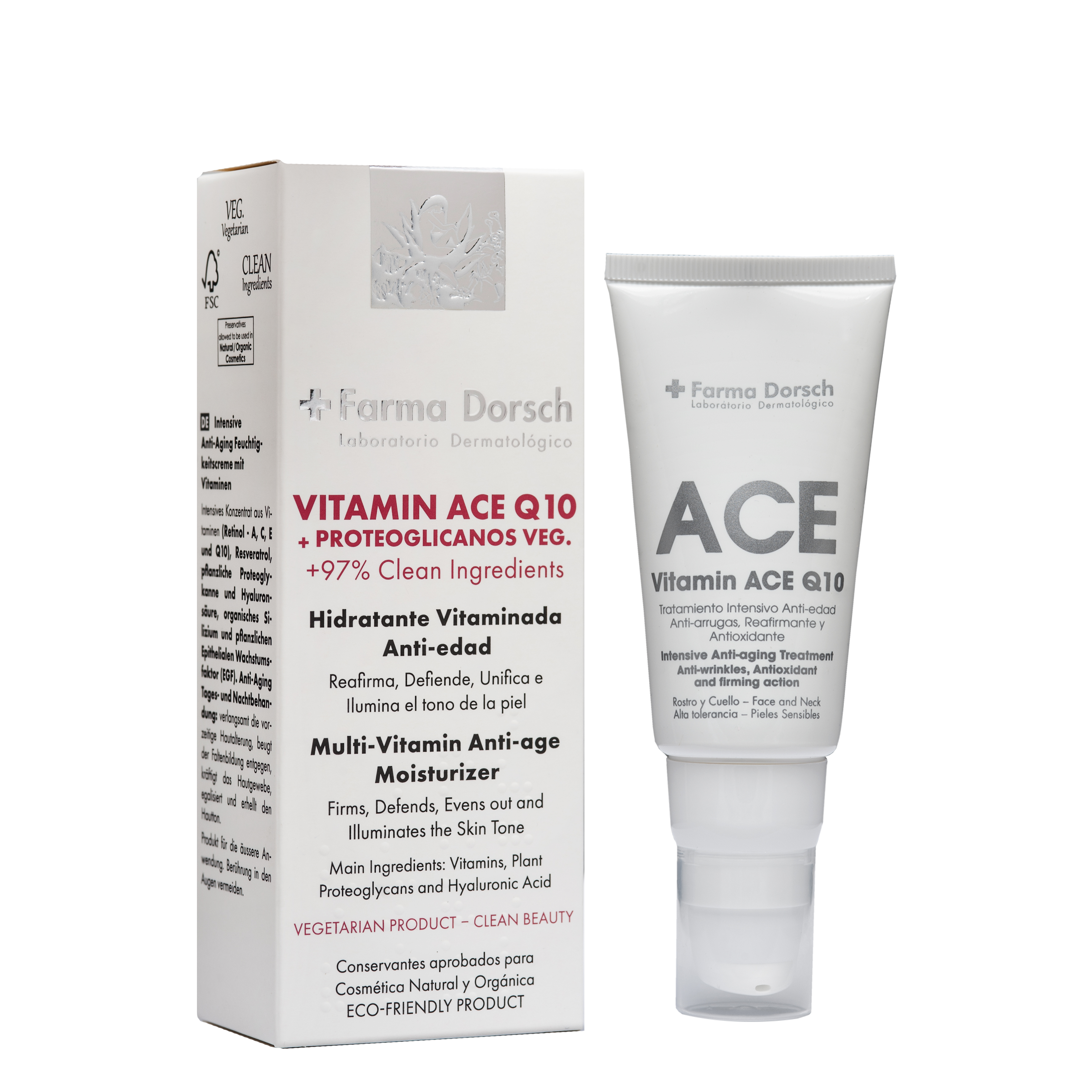 Vitamin ACE+Q10, from Farma Dorsch (€39), also contains retinol, vitamins C and E, resveratrol, hyaluronic acid and growth factors.