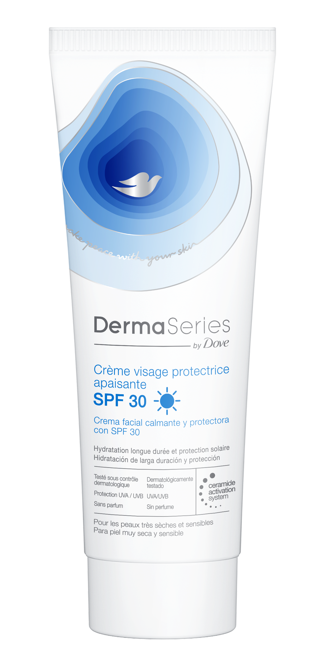 Soothing and protective Face Cream with SPF 30, from DermaSeries by Dove (€13.70), formulated with glycerin and niacinamide as main ingredients.