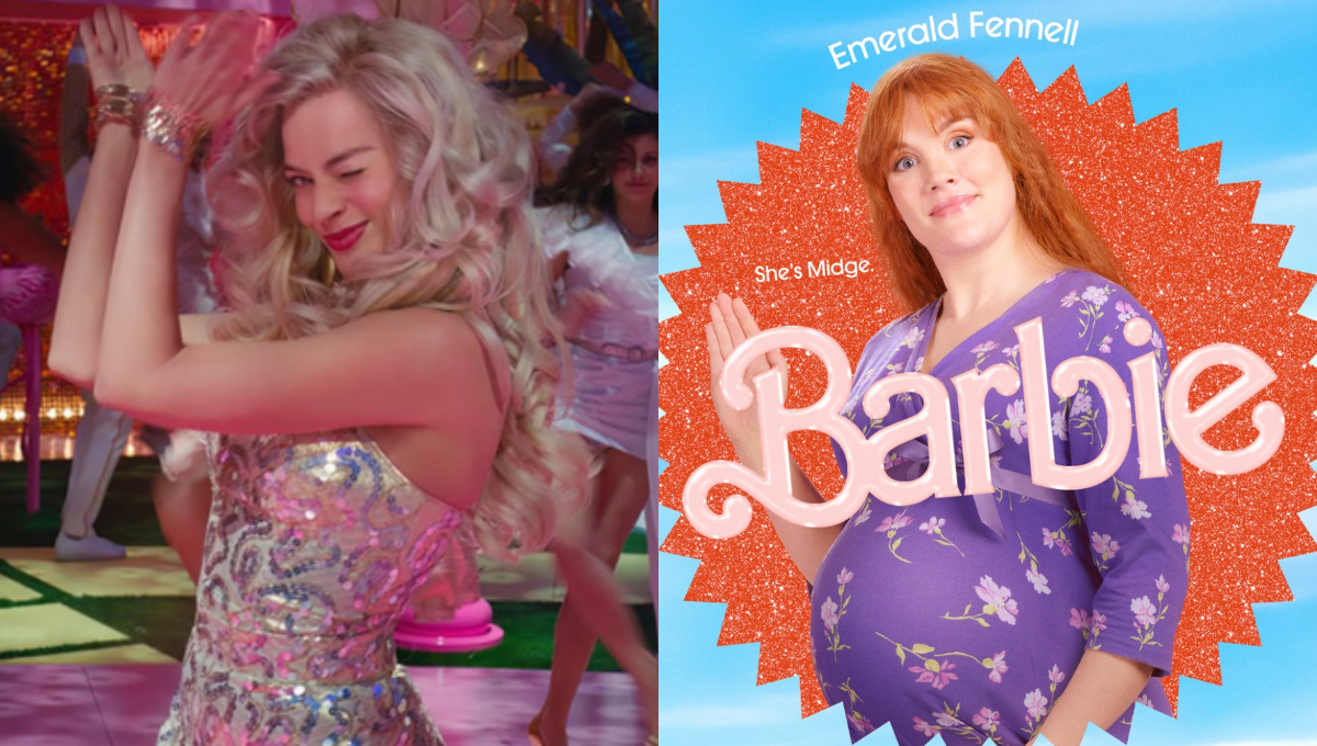 Margot Robbie as Barbie and Emerald Fennell as Midge